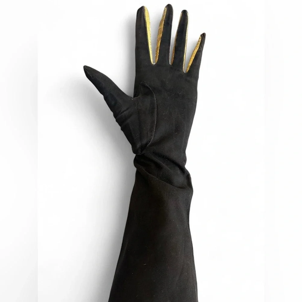FREDDY PARIS VINTAGE LONG GLOVES BROWN SUEDE W GOLD LEATHER FINGER ACCENTS RARE